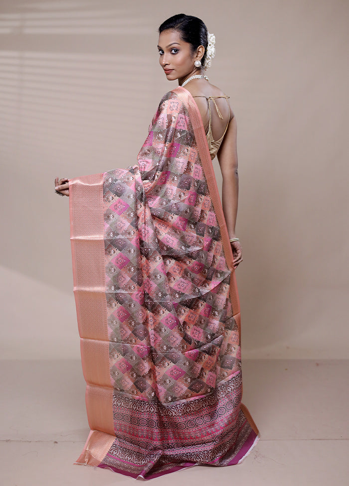 Pink Printed Silk Saree Without Blouse Piece