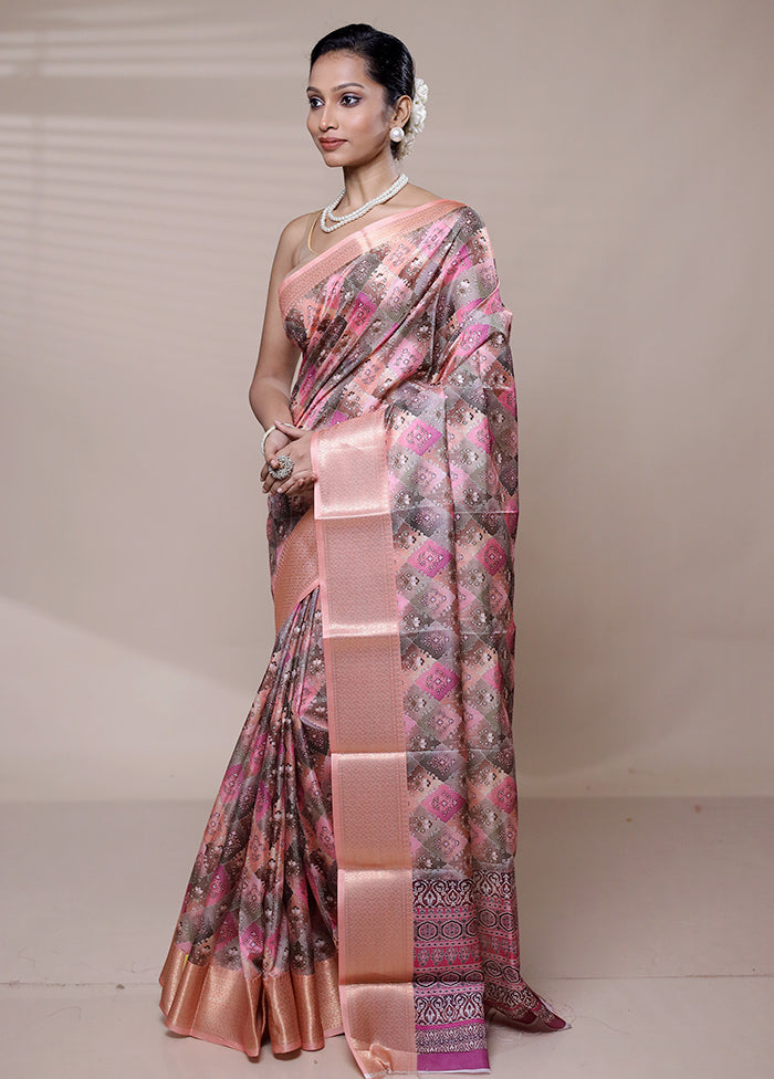 Pink Printed Silk Saree Without Blouse Piece