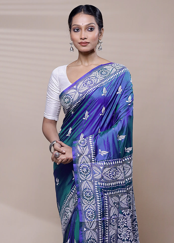 Blue Handloom Kantha Stitch Pure Silk Saree With Blouse Piece