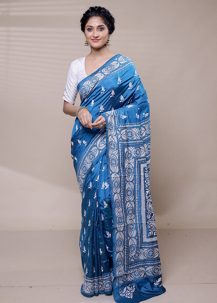 Blue Handloom Kantha Stitch Pure Silk Saree With Blouse Piece