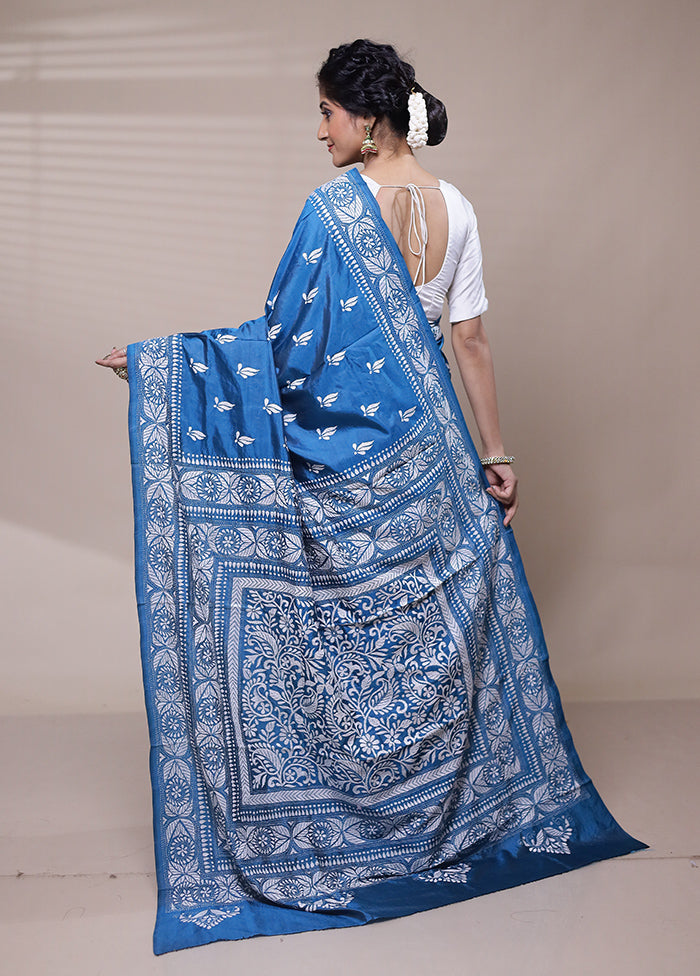 Blue Handloom Kantha Stitch Pure Silk Saree With Blouse Piece