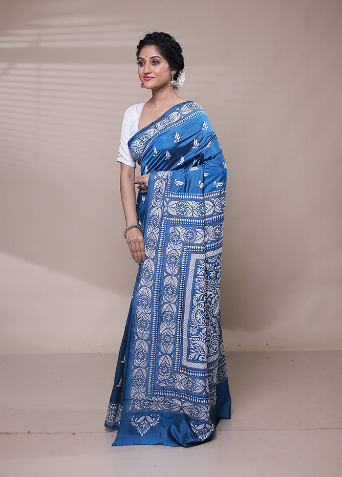 Blue Handloom Kantha Stitch Pure Silk Saree With Blouse Piece