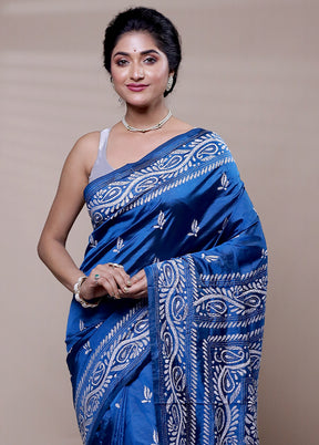 Blue Handloom Kantha Stitch Pure Silk Saree With Blouse Piece