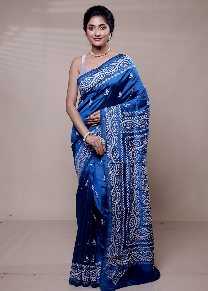 Blue Handloom Kantha Stitch Pure Silk Saree With Blouse Piece