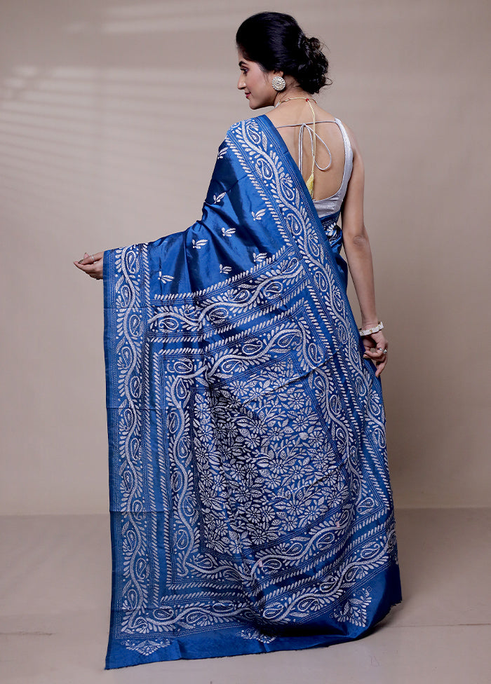 Blue Handloom Kantha Stitch Pure Silk Saree With Blouse Piece