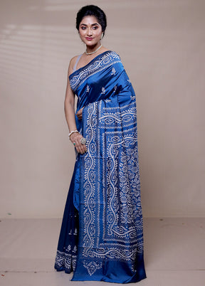 Blue Handloom Kantha Stitch Pure Silk Saree With Blouse Piece