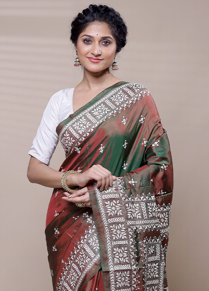 Maroon Handloom Kantha Stitch Pure Silk Saree With Blouse Piece