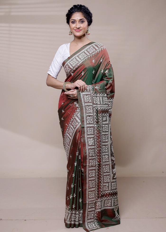 Maroon Handloom Kantha Stitch Pure Silk Saree With Blouse Piece