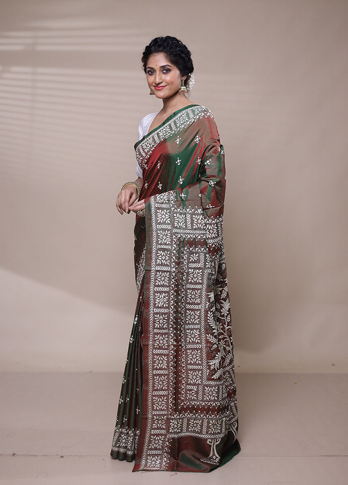 Maroon Handloom Kantha Stitch Pure Silk Saree With Blouse Piece