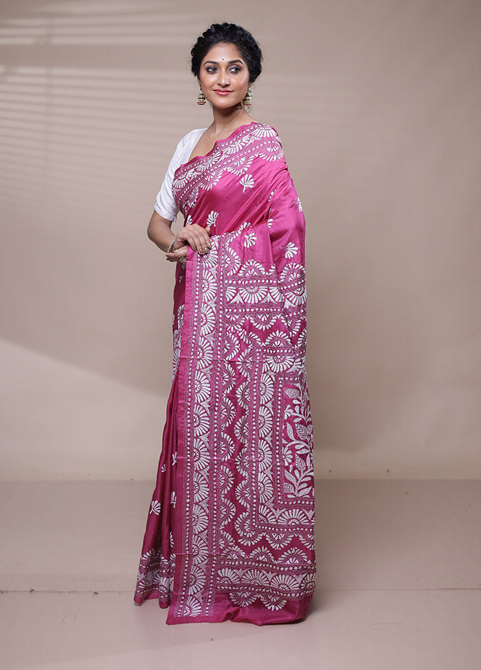 Pink Handloom Kantha Stitch Pure Silk Saree With Blouse Piece