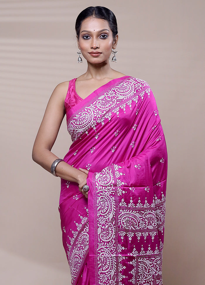 Pink Handloom Kantha Stitch Pure Silk Saree With Blouse Piece