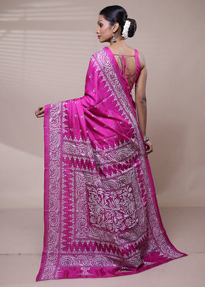 Pink Handloom Kantha Stitch Pure Silk Saree With Blouse Piece