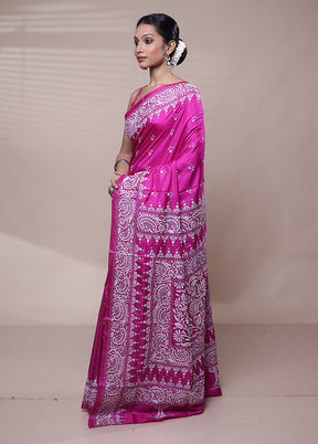 Pink Handloom Kantha Stitch Pure Silk Saree With Blouse Piece