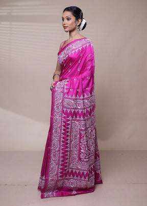 Pink Handloom Kantha Stitch Pure Silk Saree With Blouse Piece