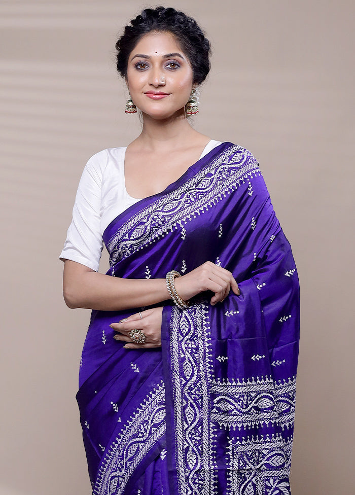 Violet Handloom Kantha Stitch Pure Silk Saree With Blouse Piece