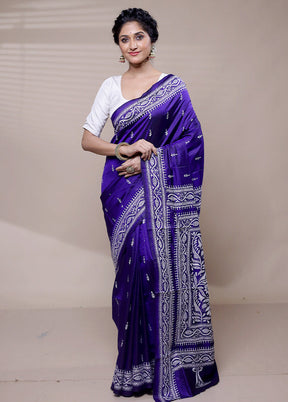 Violet Handloom Kantha Stitch Pure Silk Saree With Blouse Piece