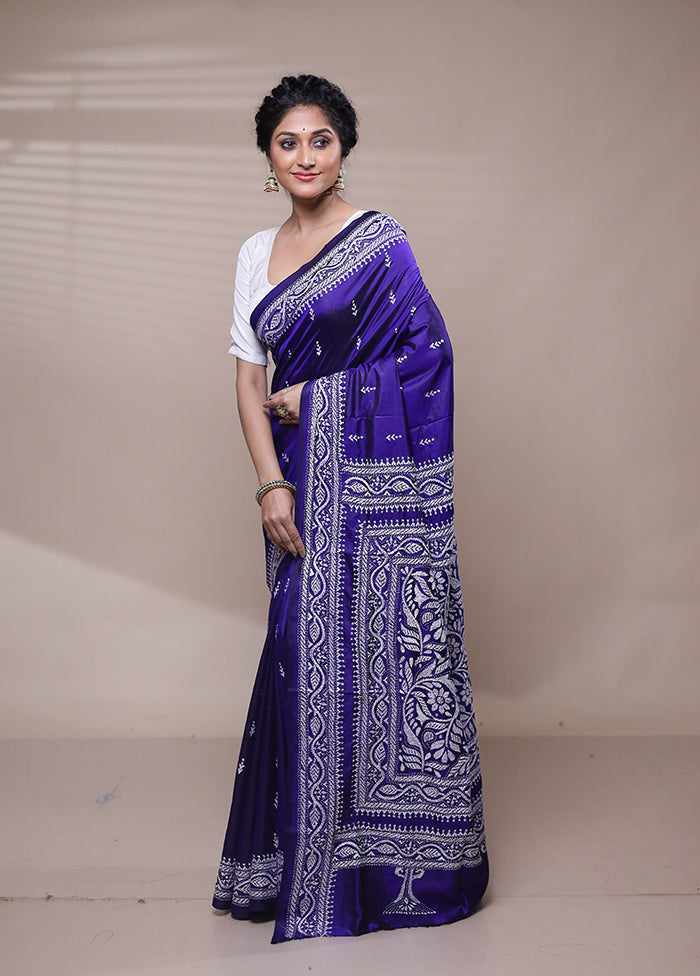 Violet Handloom Kantha Stitch Pure Silk Saree With Blouse Piece