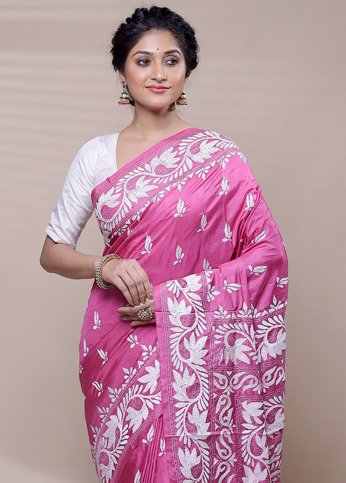 Pink Handloom Kantha Stitch Pure Silk Saree With Blouse Piece