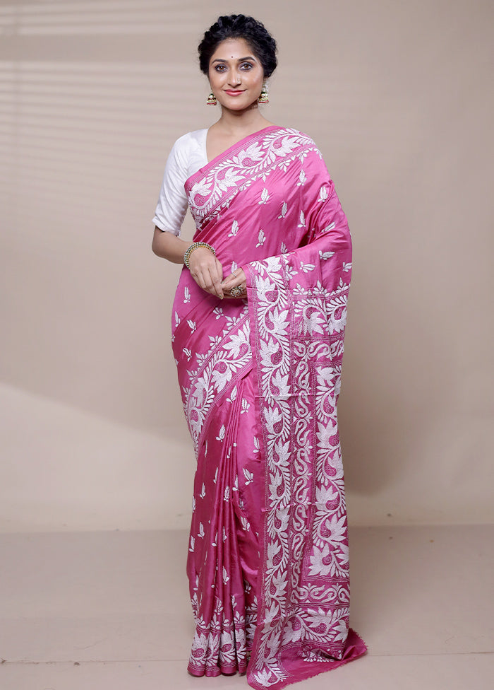 Pink Handloom Kantha Stitch Pure Silk Saree With Blouse Piece