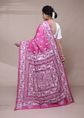 Pink Handloom Kantha Stitch Pure Silk Saree With Blouse Piece