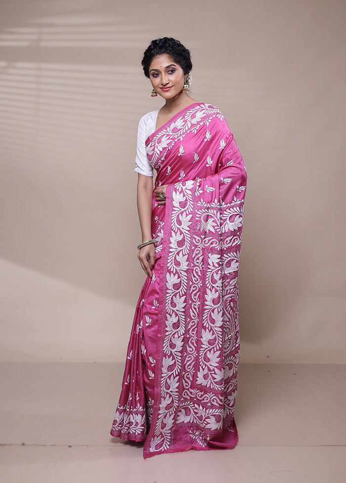 Pink Handloom Kantha Stitch Pure Silk Saree With Blouse Piece