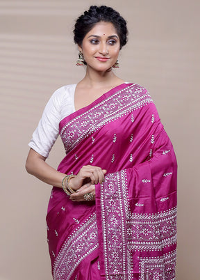 Pink Handloom Kantha Stitch Pure Silk Saree With Blouse Piece