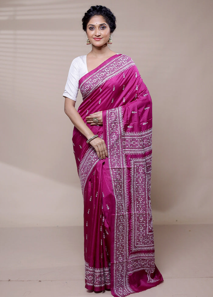 Pink Handloom Kantha Stitch Pure Silk Saree With Blouse Piece