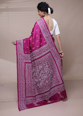 Pink Handloom Kantha Stitch Pure Silk Saree With Blouse Piece