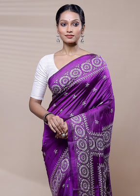 Purple Handloom Kantha Stitch Pure Silk Saree With Blouse Piece