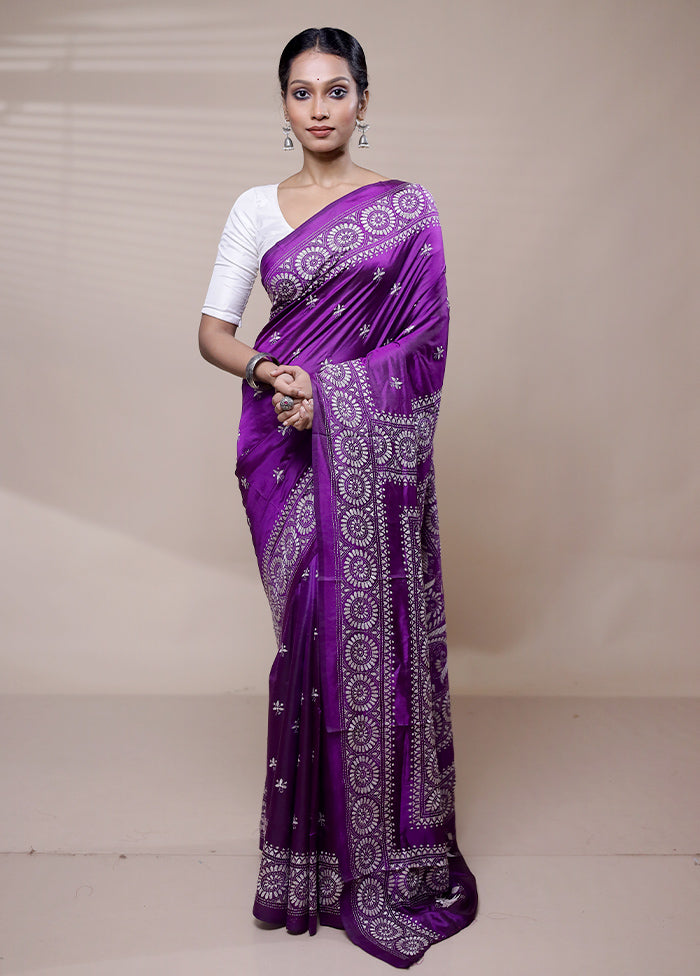 Purple Handloom Kantha Stitch Pure Silk Saree With Blouse Piece