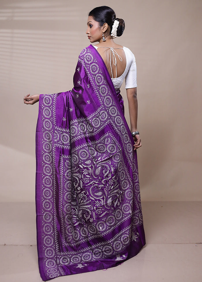 Purple Handloom Kantha Stitch Pure Silk Saree With Blouse Piece