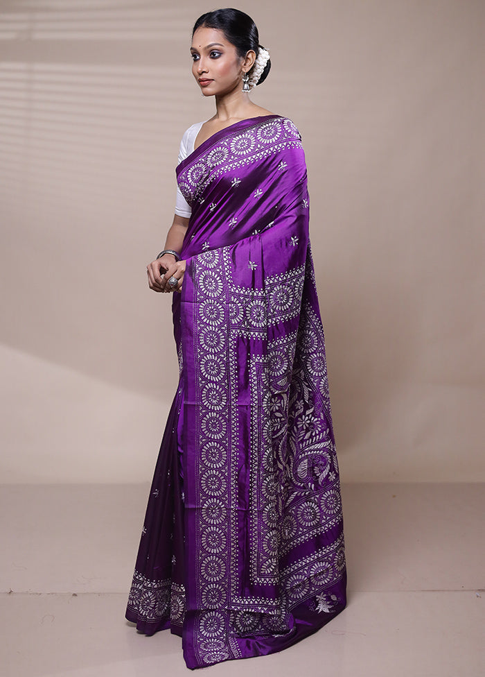 Purple Handloom Kantha Stitch Pure Silk Saree With Blouse Piece