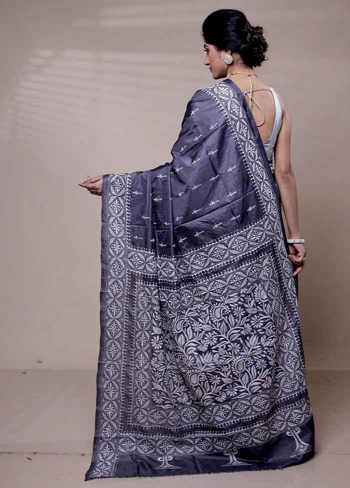 Grey Handloom Kantha Stitch Pure Silk Saree With Blouse Piece