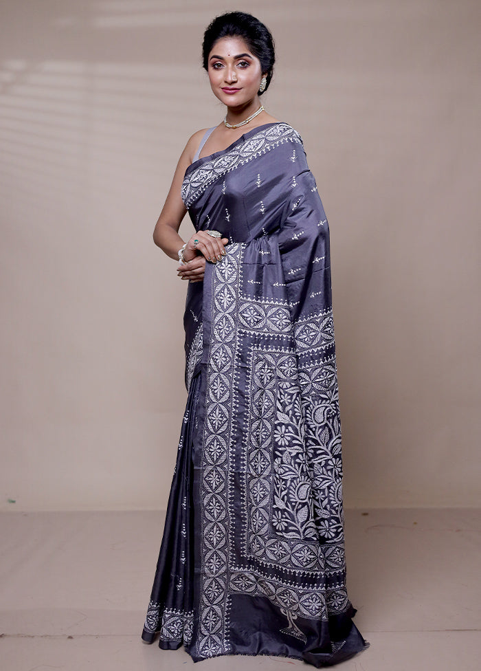 Grey Handloom Kantha Stitch Pure Silk Saree With Blouse Piece