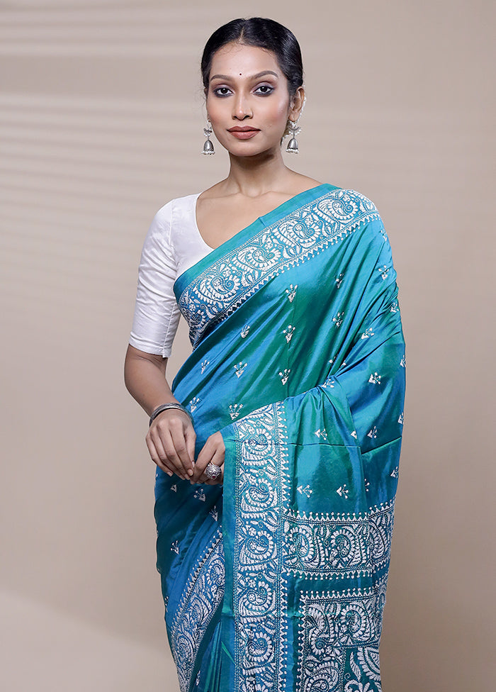 Blue Handloom Kantha Stitch Pure Silk Saree With Blouse Piece