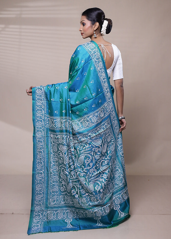 Blue Handloom Kantha Stitch Pure Silk Saree With Blouse Piece