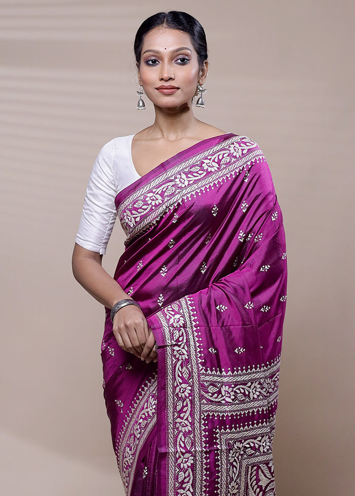 Pink Handloom Kantha Stitch Pure Silk Saree With Blouse Piece