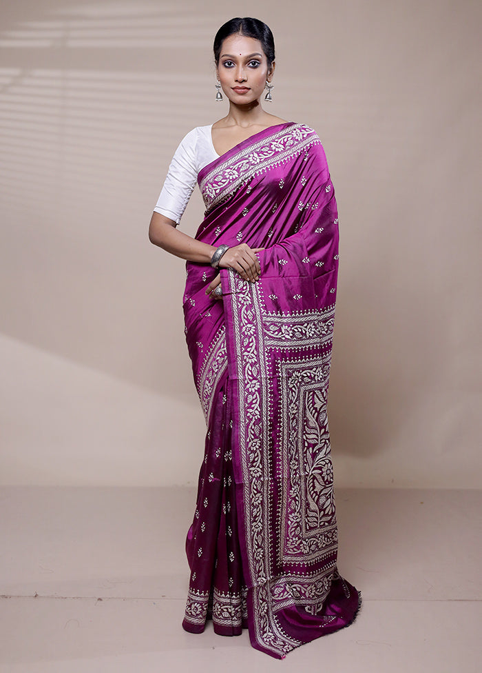 Pink Handloom Kantha Stitch Pure Silk Saree With Blouse Piece