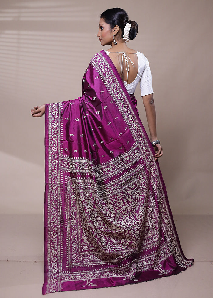 Pink Handloom Kantha Stitch Pure Silk Saree With Blouse Piece