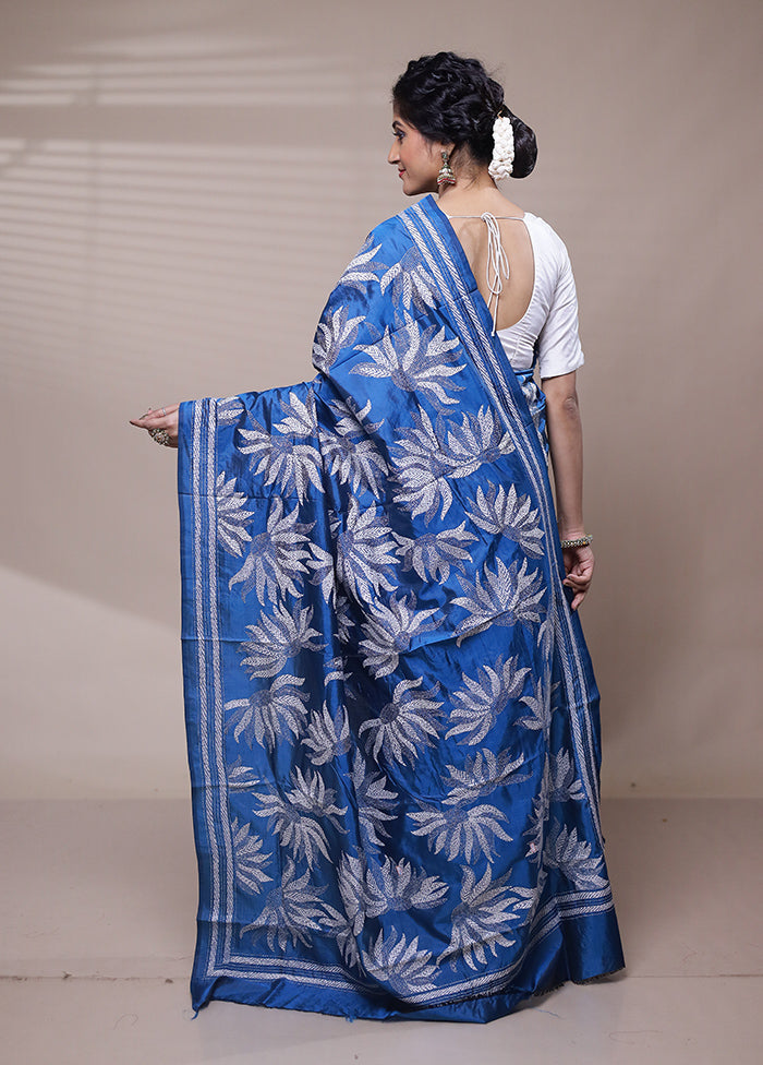 Blue Handloom Kantha Stitch Pure Silk Saree With Blouse Piece