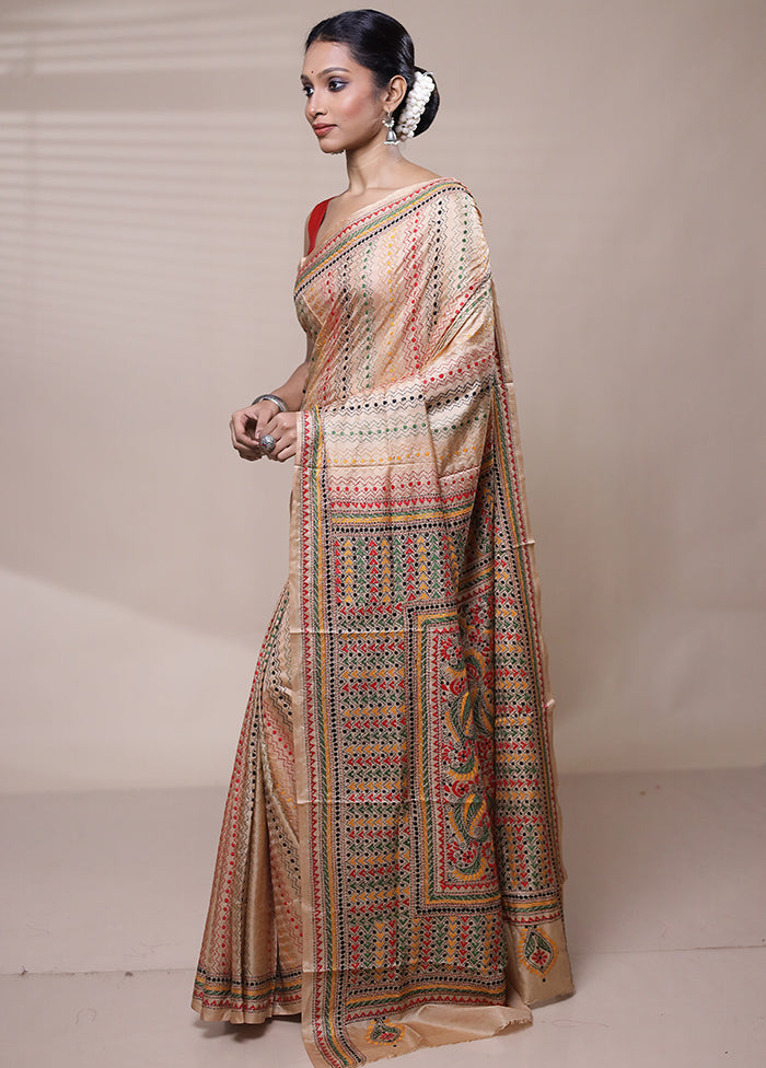 Cream Handloom Kantha Stitch Pure Silk Saree With Blouse Piece