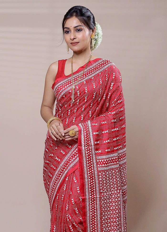 Red Handloom Kantha Stitch Pure Silk Saree With Blouse Piece