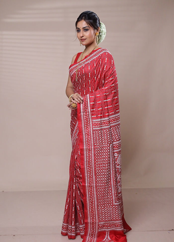 Red Handloom Kantha Stitch Pure Silk Saree With Blouse Piece