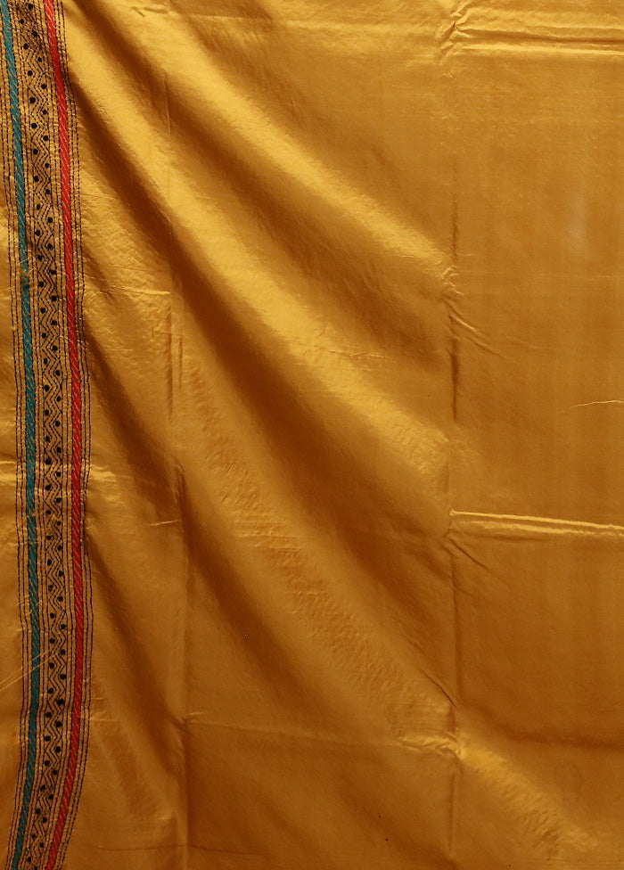 Yellow Handloom Kantha Stitch Pure Silk Saree With Blouse Piece