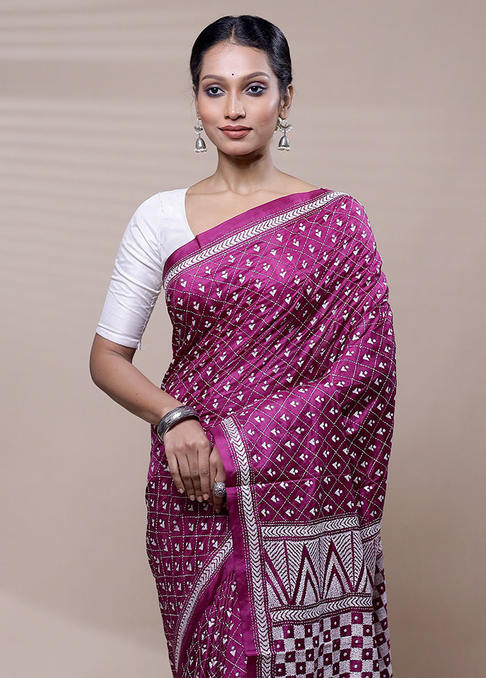 Purple Handloom Kantha Stitch Pure Silk Saree With Blouse Piece