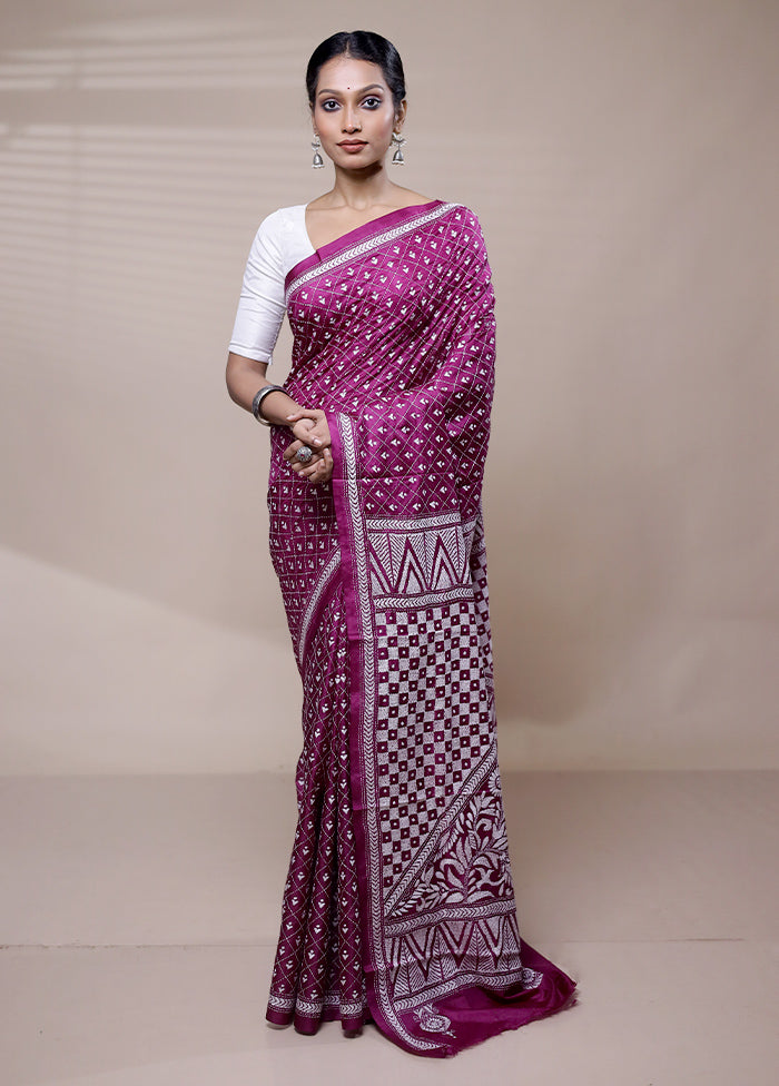 Purple Handloom Kantha Stitch Pure Silk Saree With Blouse Piece