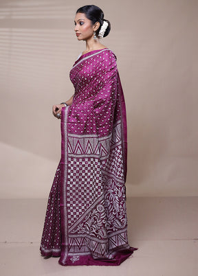 Purple Handloom Kantha Stitch Pure Silk Saree With Blouse Piece