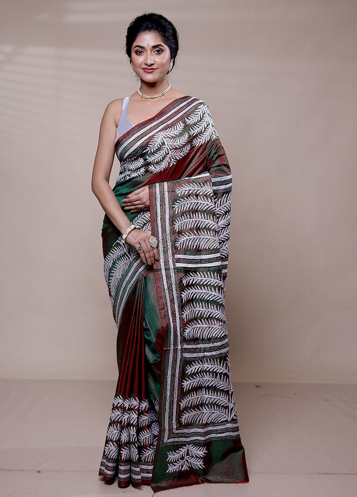 Maroon Handloom Kantha Stitch Pure Silk Saree With Blouse Piece