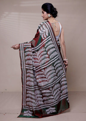 Maroon Handloom Kantha Stitch Pure Silk Saree With Blouse Piece