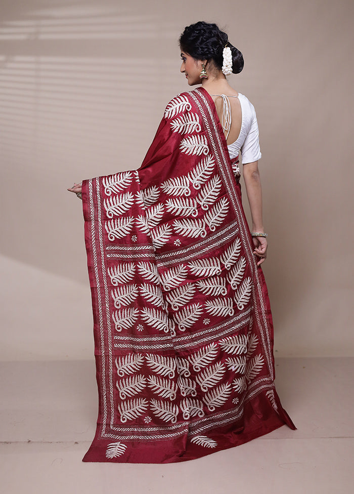 Red Handloom Kantha Stitch Pure Silk Saree With Blouse Piece